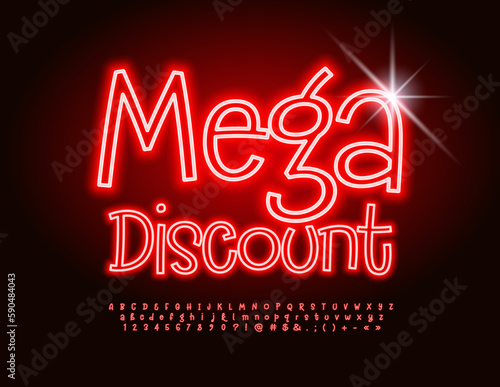 Vector neon promo poster Mega Discount. Glowing Red Font. Funny Electric Alphabet Letters and Numbers
