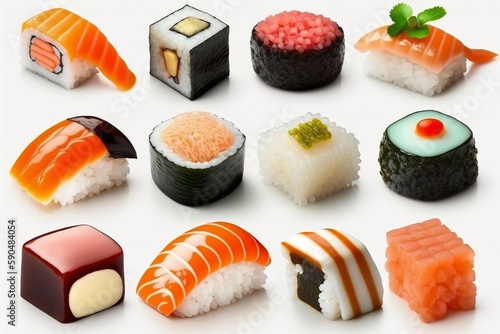 A collection of Japanese sushi, nigiri, and maki pieces displayed separately on a white background. AI