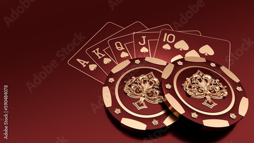 Luxury Poker Concept. Burgundy Red And Golden Modern Casino Chips With Ornamental Spades Inside And Royal Flush Playing Cards On Empty Space Background - 3D Illustration