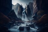Fantasy waterfall in an unknown realm, fantasy artwork. Generative AI