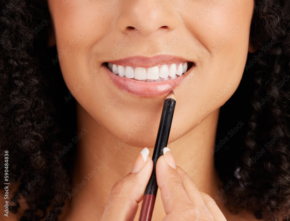 Closeup woman, face and lip pencil for beauty cosmetics, facial skincare and salon transformation. Happy female, mouth and makeup application of lipstick liner, aesthetics and smile for lips product Closeup woman, face and lip pencil for beauty cosmetics, facial skincare and salon transformation. Happy female, mouth and makeup application of lipstick liner, aesthetics and smile for lips product