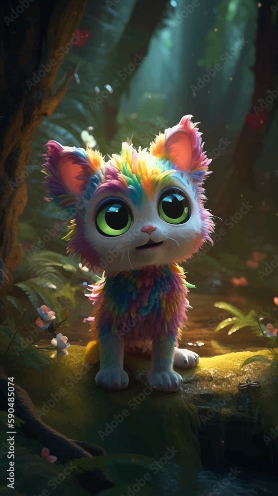 Super Cute little rainbow colored kitty in the forest. Funny cartoon character cat with big eyes. Fantasy. 3D vector illustration. Image. Digital painting. Super Cute little rainbow colored kitty in the forest. Funny cartoon character cat with big eyes. Fantasy. 3D vector illustration. Image. Digital painting.