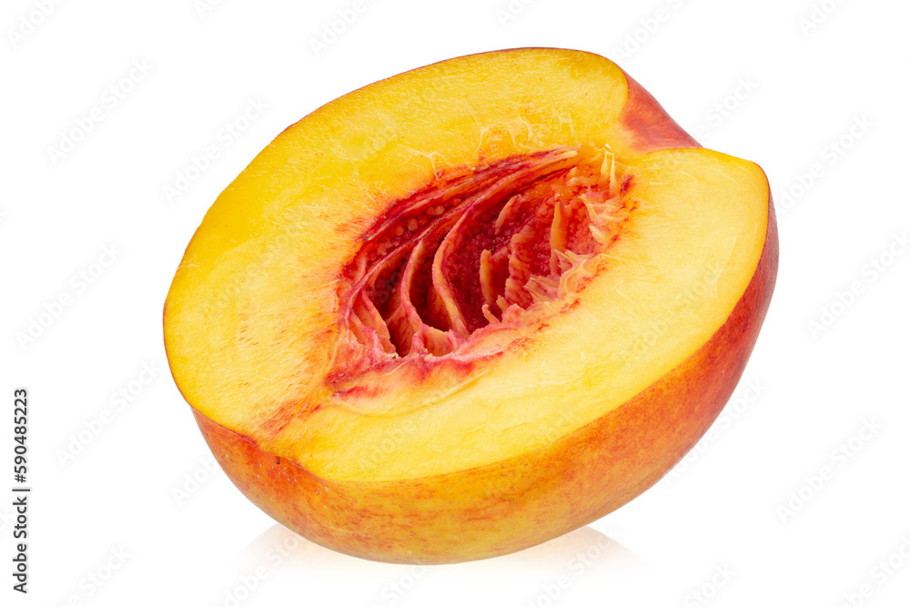 Half nectarine peach fruit isolated on white background. Organic peach. File contains clipping path. Half nectarine peach fruit isolated on white background. Organic peach. File contains clipping path.