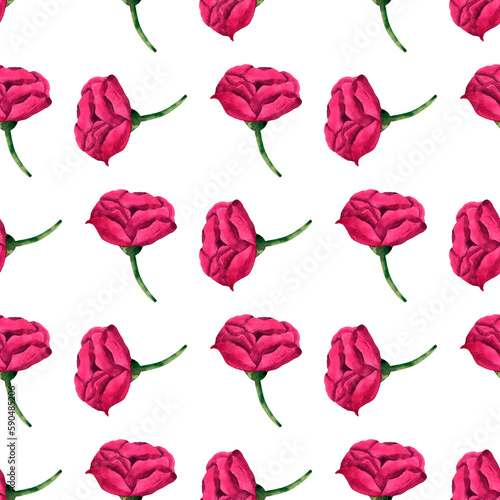 Hand-drawn watercolor pattern of pink peonies and green leaves