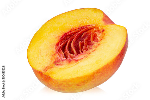 Half nectarine peach fruit isolated on white background. Organic peach. File contains clipping path.