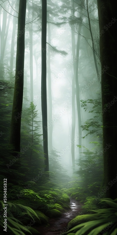 Naklejka premium Mysterious dark forest with path. Generative AI.