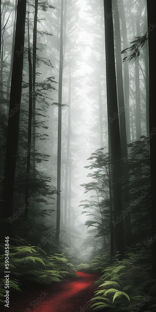 Fototapeta premium Mysterious dark forest with path. Generative AI.