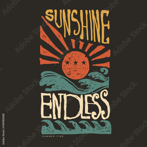 sunshine vector print design, 70s retro sun illustration print with inspirational slogan for graphic tee t shirt or poster sticker - Vector