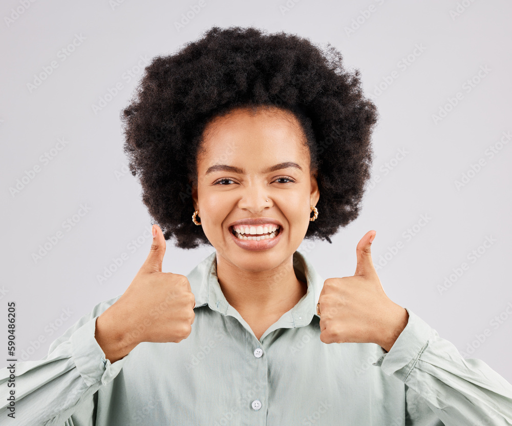Thumbs up, hands and portrait of happy woman in studio, excited winner and bonus on white background. Female model, thumb and smile to celebrate winning achievement, like emoji and feedback support Thumbs up, hands and portrait of happy woman in studio, excited winner and bonus on white background. Female model, thumb and smile to celebrate winning achievement, like emoji and feedback support
