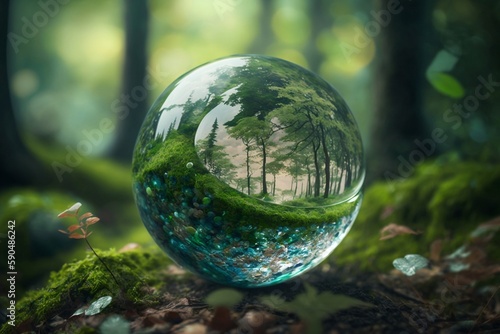 A glass sphere resembling Earth amidst a forest backdrop. AI