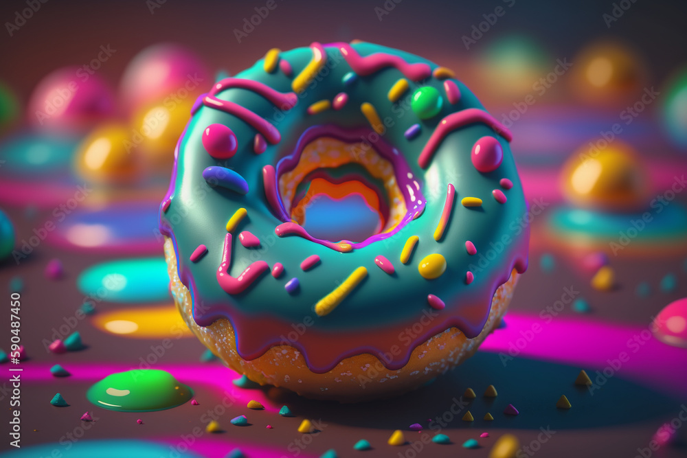 A colorful background highlights a macro shot of a neon donut. AI