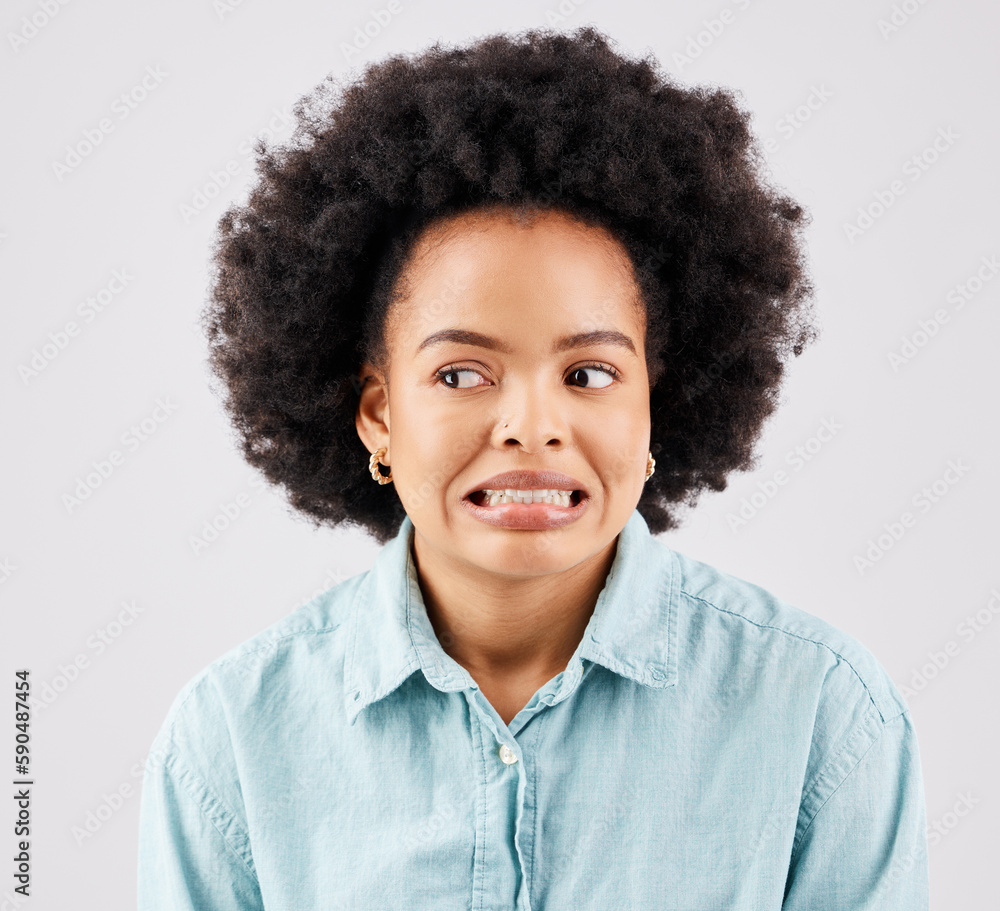 Black woman, afro and oops face in studio with comic expression for fail by white background. Girl, model and african student with mistake, accident or thinking of bad decision in memory by backdrop Black woman, afro and oops face in studio with comic expression for fail by white background. Girl, model and african student with mistake, accident or thinking of bad decision in memory by backdrop