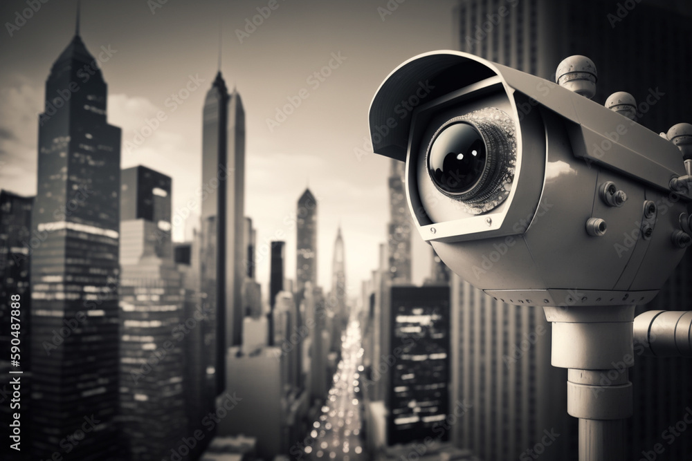 CCTV camera over cityscape background. AI