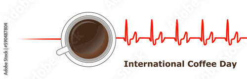 International Coffee Day banner with a cup of coffee and a cardiogram of the heart