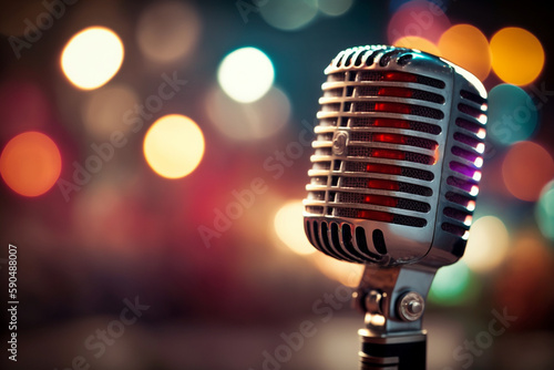 On stage retro microphone with bokeh lights in background. AI