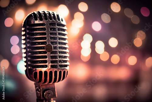 On stage retro microphone with bokeh lights in background. AI