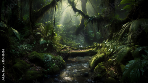 Overgrown path in dense jungle forest - Generative AI