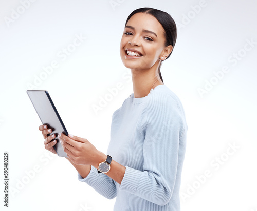 Woman, tablet and studio portrait by white background for planning, schedule and smile for website. Girl, student and excited on mobile touchscreen app for research, calendar or social network chat © Rene L/peopleimages.com