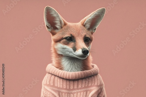 An illustrated portrait of a fox, standing upright and wearing an animal sweater in a pastel pink color. AI
