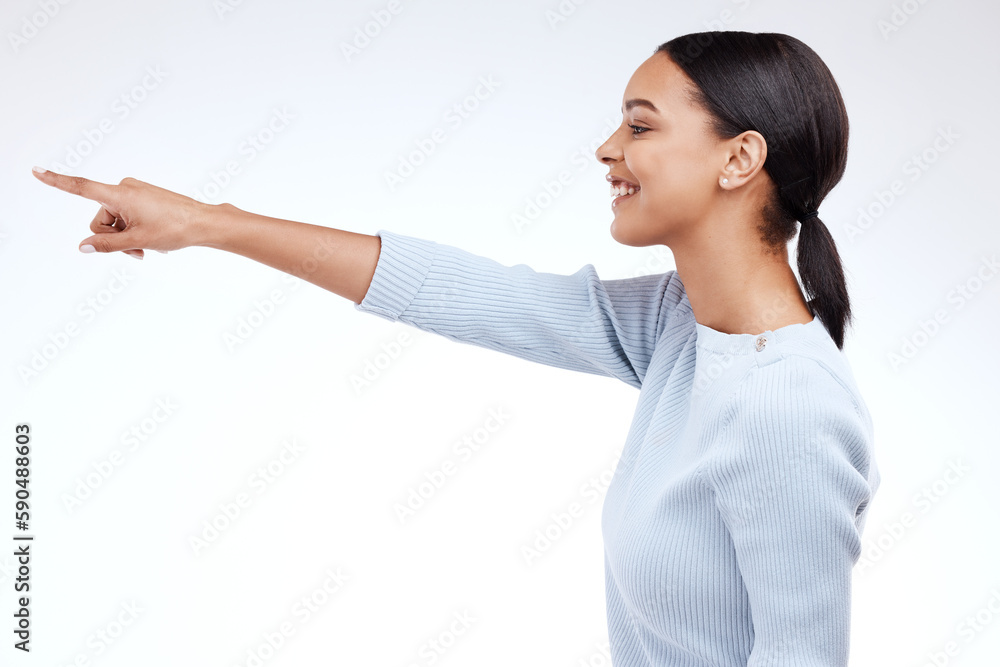 Studio, profile and happy model pointing at sales promotion, advertising copy space and discount deal mockup. Brand commercial, marketing and product placement gesture for woman on white background Studio, profile and happy model pointing at sales promotion, advertising copy space and discount deal mockup. Brand commercial, marketing and product placement gesture for woman on white background