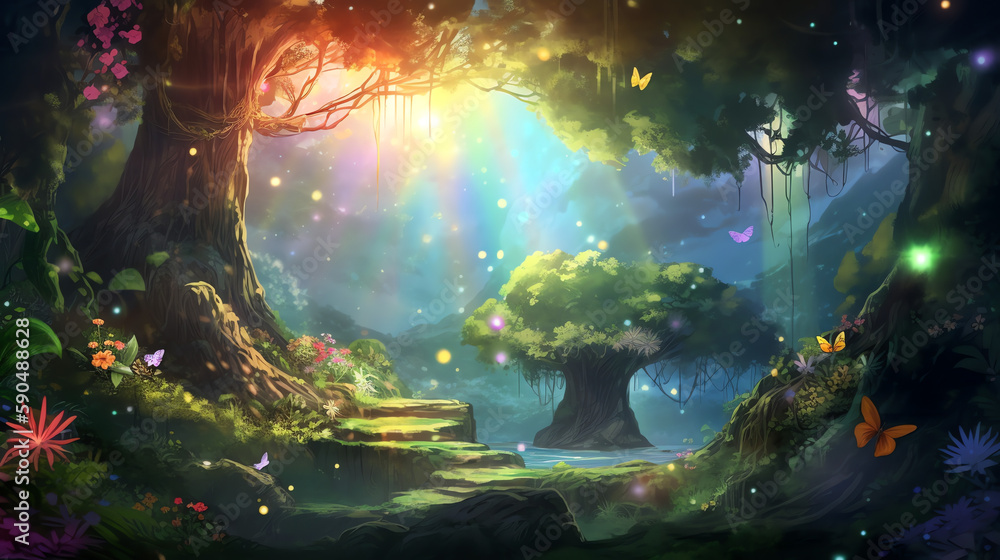 Rainbow-colored rays of light shine down into magical forest - Generative AI Rainbow-colored rays of light shine down into magical forest - Generative AI