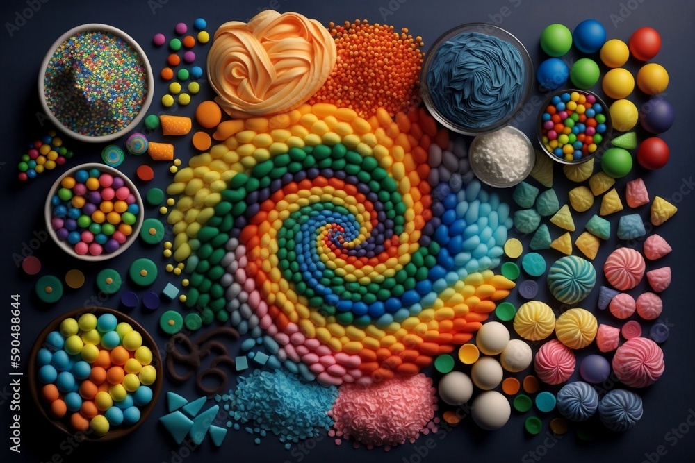 A beautiful rainbow of colors fills the candy world. AI