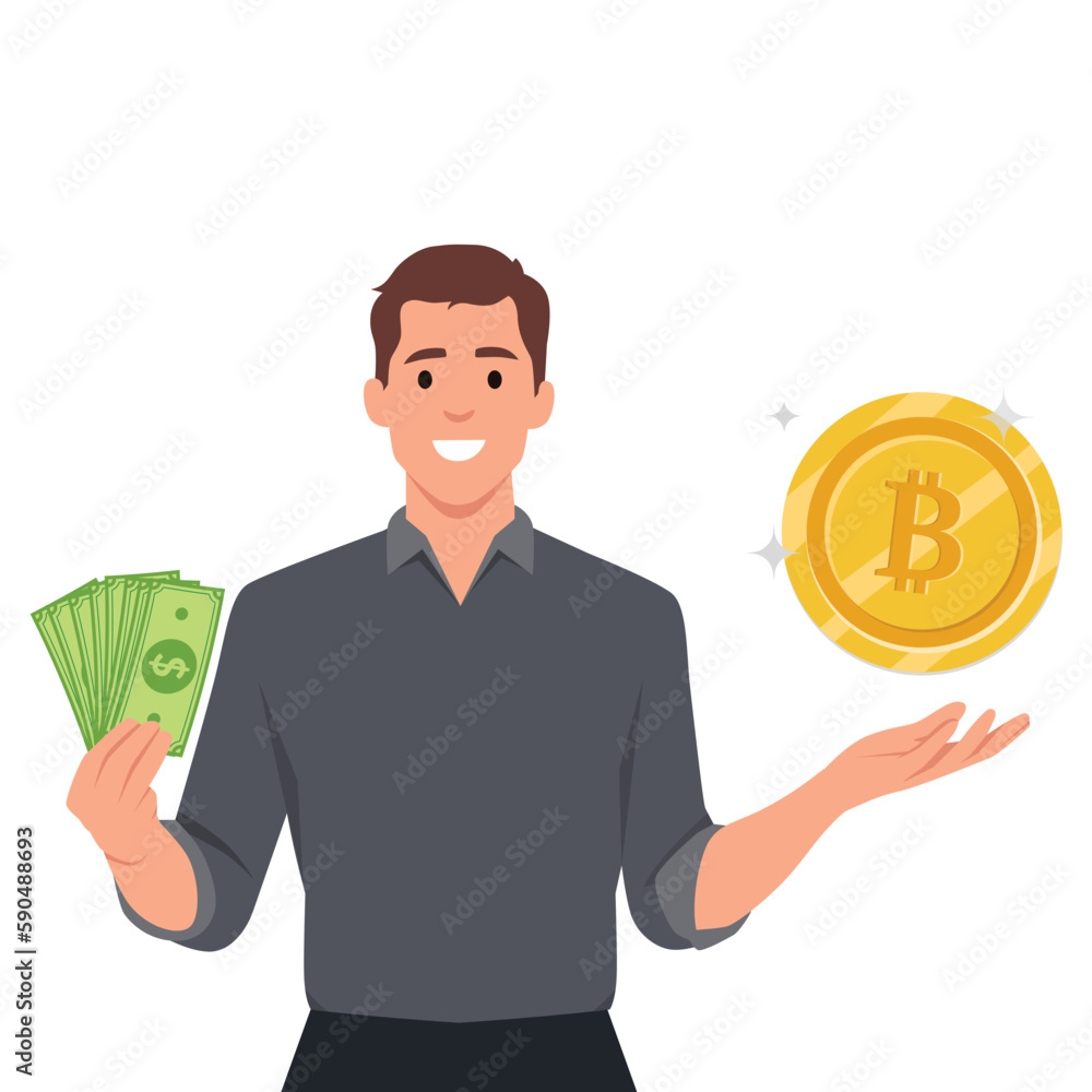 Man thinking about buying bitcoin. Male character standing with question mark and currency symbols flat vector illustration. Bitcoin investment concept Man thinking about buying bitcoin. Male character standing with question mark and currency symbols flat vector illustration. Bitcoin investment concept