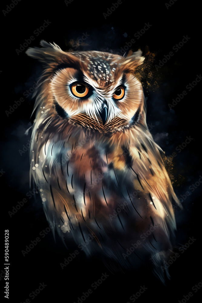 A portrait of an owl with beautiful light on black background. A portrait of an owl with beautiful light on black background.