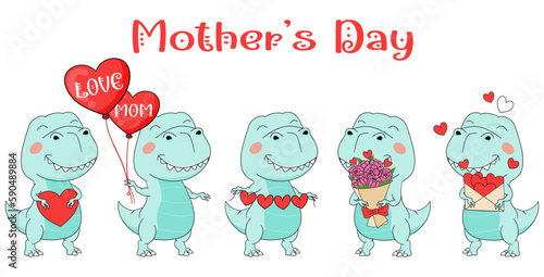 Happy Mother's day Dinosaur kids character , T-Rex Baby Dinosaurus  With Flower and Mini Hearts Design For Mother's Day , Valentine's day  EPS. SVG. File vector illustration Doodle Funny cartoon style