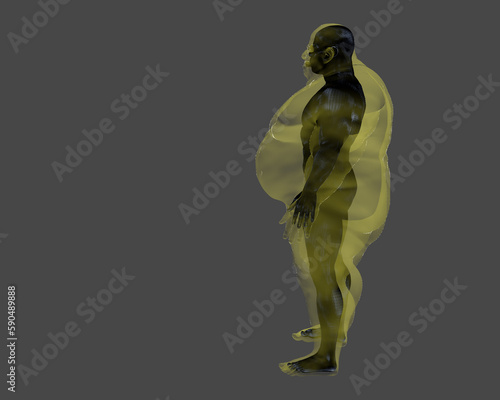 3D render. Athletic man inside an obese body on a gray background. Copy space. 