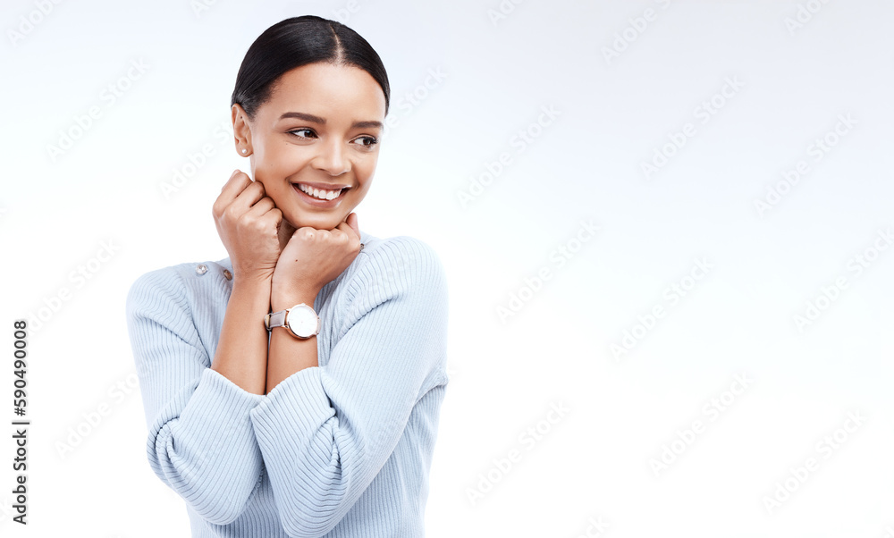 Happy, thinking and mockup with a woman in studio on a white background for marketing or advertising. Smile, idea and branding with an attractive young female on empty promotion space Happy, thinking and mockup with a woman in studio on a white background for marketing or advertising. Smile, idea and branding with an attractive young female on empty promotion space