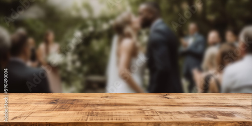 Empty wooden counter table top for product display with a wedding scene background. Generative ai