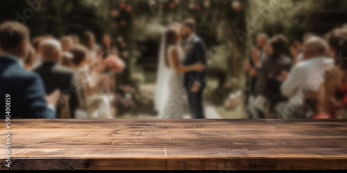 Empty wooden counter table top for product display with a wedding scene background. Generative ai © ink drop