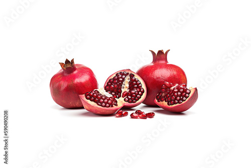 Exotic and delicious whole and part of pomegranate on white background. Created with Generative AI Technology