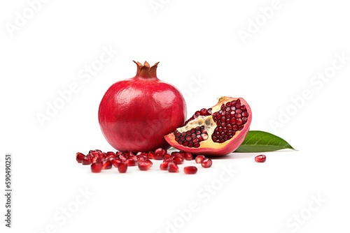 Exotic and delicious whole and part of pomegranate on white background. Created with Generative AI Technology