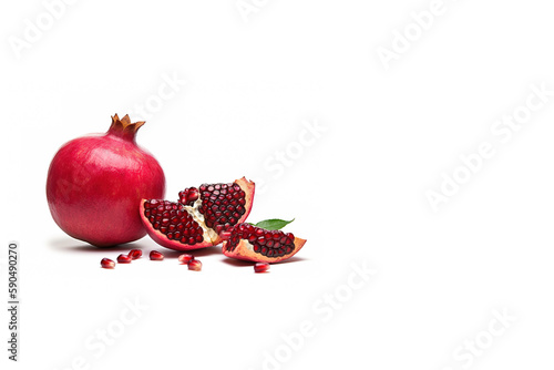 Exotic and delicious whole and part of pomegranate on white background with copy space. Created with Generative AI Technology