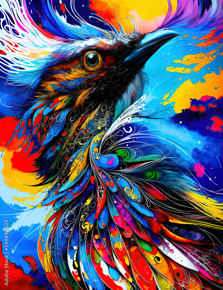 Obraz premium Bright multicolor painting. Portrait of an abstract bird with an expressive look on an abstract background. Freedom of outlook and dreams of mankind. Computer graphics. Artificial intelligence
