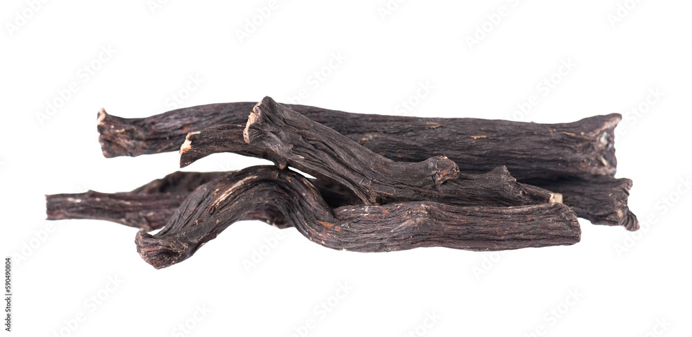 Common comfrey root isolated on white background. Dry roots of Symphytum officinale. Common comfrey root isolated on white background. Dry roots of Symphytum officinale.