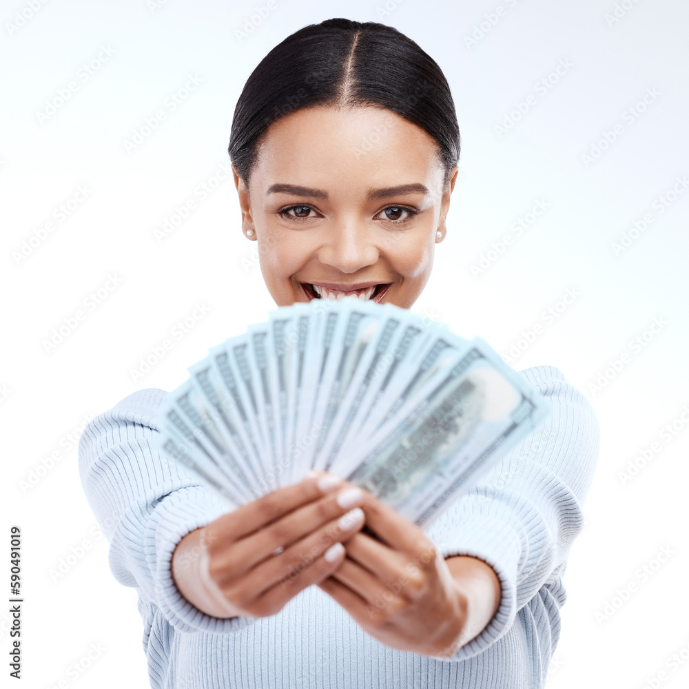Dollar money, face portrait and happy woman with lotto win, competition giveaway or studio cash award. Financial freedom, bonus or female winner of poker, prize or casino gambling on white background Dollar money, face portrait and happy woman with lotto win, competition giveaway or studio cash award. Financial freedom, bonus or female winner of poker, prize or casino gambling on white background