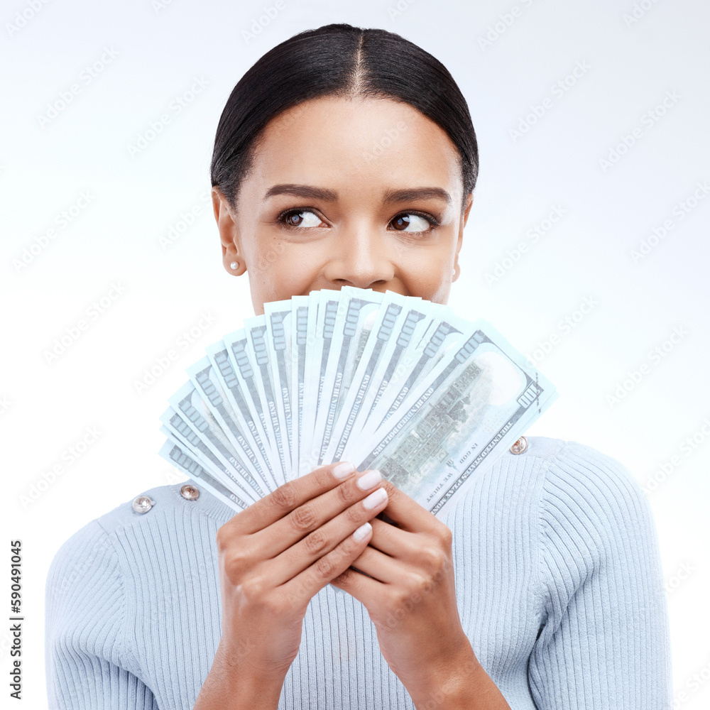 Dollars, face and studio woman with money award win, competition giveaway or bonus cash payment. Finance trading bills, financial freedom income or lotto prize winner with person on white background Dollars, face and studio woman with money award win, competition giveaway or bonus cash payment. Finance trading bills, financial freedom income or lotto prize winner with person on white background