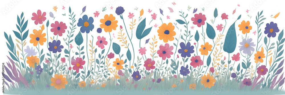 Colorful flower meadow in spring paint. AI generated illustration