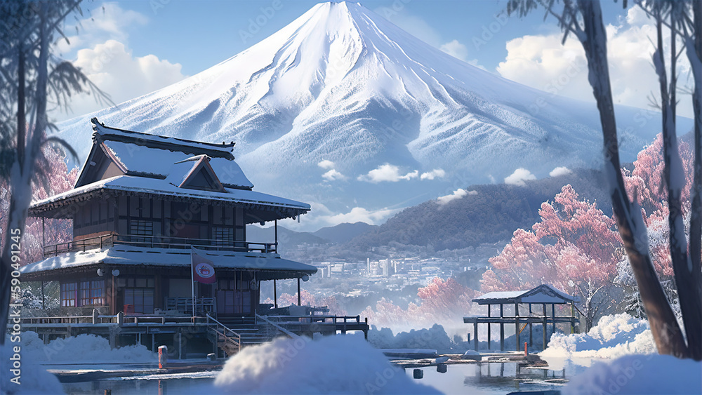 Mt. Fuji in the winter, Japan. 3D rendering