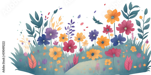 Colorful flower meadow in spring paint. AI generated illustration © vector_master