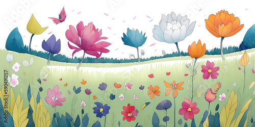 Colorful flower meadow in spring paint. AI generated illustration