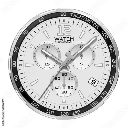 Realistic watch clock chronograph silver face dashboard black on white design classic luxury vector