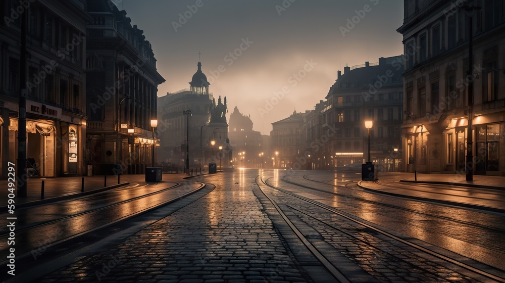 Brussels imaginary city center at dawn with street lights, AI generative