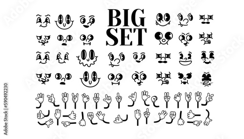Vintage cartoon hands in gloves and faces. Cute animation character body parts. Comics arm gestures . Different movements and positions  vector set.