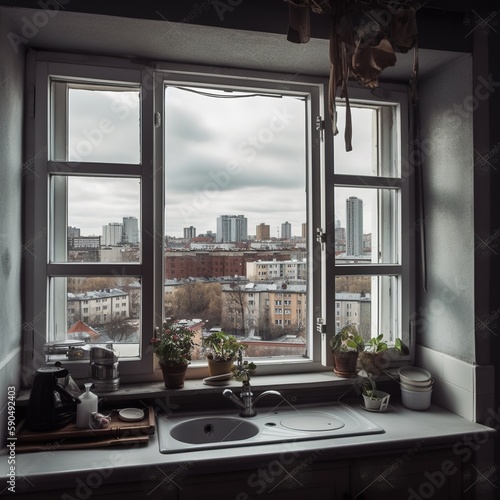 City panorama seen from the window in the kitchen, Generative AI