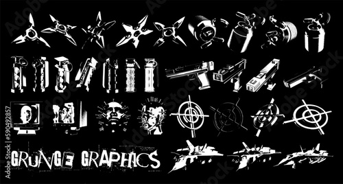 Retro grunge elements. Abstract 3D heads of people, pistols, capsule with pills, air combat fighters for streetwear. Blanks for a poster, banner, business card, sticker