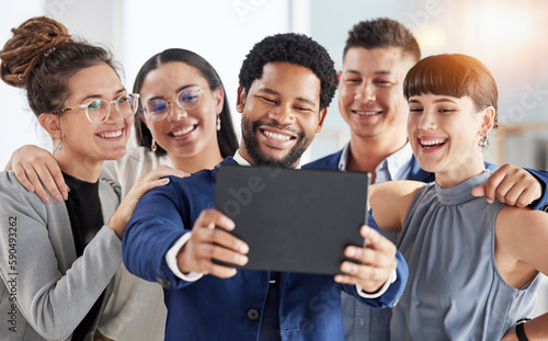 Selfie  office smile and business people in group staff or team building  tablet photography or online diversity post. Professional friends  career influencer or employees in teamwork profile picture